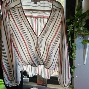 Forever 21 White and Brown Wrap Blouse Long Sleeve